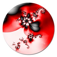 Abstract Red Black Floral Print Magnet 5  (round) by SpinnyChairDesigns