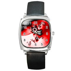 Abstract Red Black Floral Print Square Metal Watch