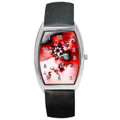 Abstract Red Black Floral Print Barrel Style Metal Watch by SpinnyChairDesigns