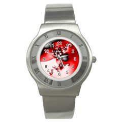 Abstract Red Black Floral Print Stainless Steel Watch by SpinnyChairDesigns