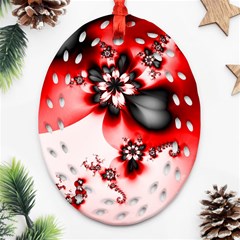 Abstract Red Black Floral Print Oval Filigree Ornament (two Sides) by SpinnyChairDesigns