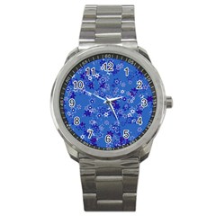 Cornflower Blue Floral Print Sport Metal Watch by SpinnyChairDesigns