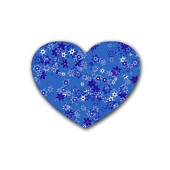 Cornflower Blue Floral Print Rubber Coaster (heart)  by SpinnyChairDesigns