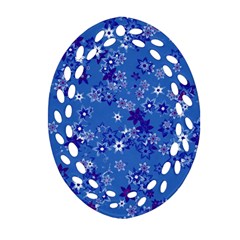 Cornflower Blue Floral Print Ornament (oval Filigree) by SpinnyChairDesigns