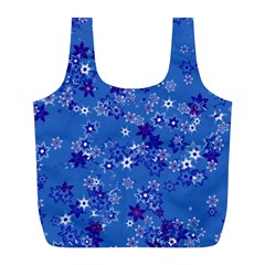 Cornflower Blue Floral Print Full Print Recycle Bag (l) by SpinnyChairDesigns