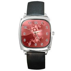 Coral Pink Floral Print Square Metal Watch