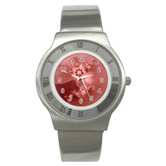 Coral Pink Floral Print Stainless Steel Watch by SpinnyChairDesigns