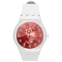 Coral Pink Floral Print Round Plastic Sport Watch (m) by SpinnyChairDesigns