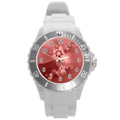 Coral Pink Floral Print Round Plastic Sport Watch (l) by SpinnyChairDesigns