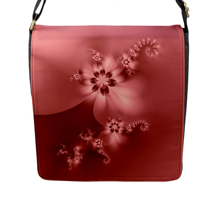 Coral Pink Floral Print Flap Closure Messenger Bag (L)