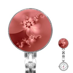 Coral Pink Floral Print Stainless Steel Nurses Watch by SpinnyChairDesigns