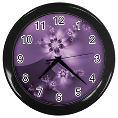 Royal Purple Floral Print Wall Clock (black) by SpinnyChairDesigns