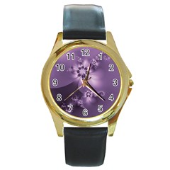 Royal Purple Floral Print Round Gold Metal Watch by SpinnyChairDesigns