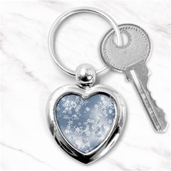 Faded Blue White Floral Print Key Chain (heart) by SpinnyChairDesigns