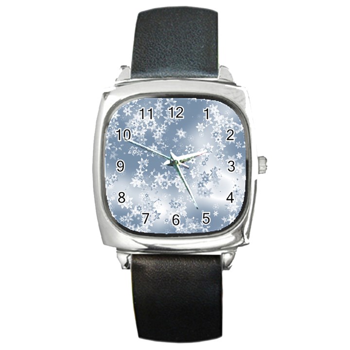 Faded Blue White Floral Print Square Metal Watch