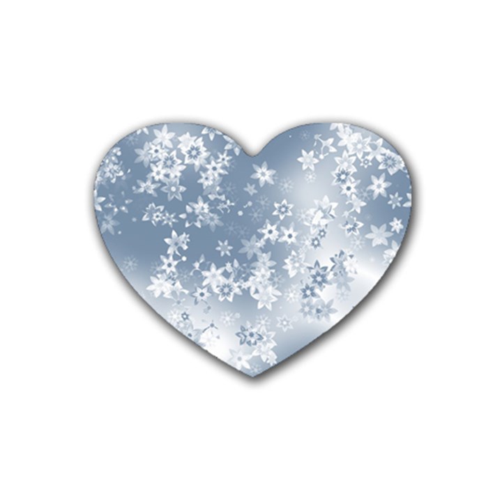 Faded Blue White Floral Print Rubber Coaster (Heart) 