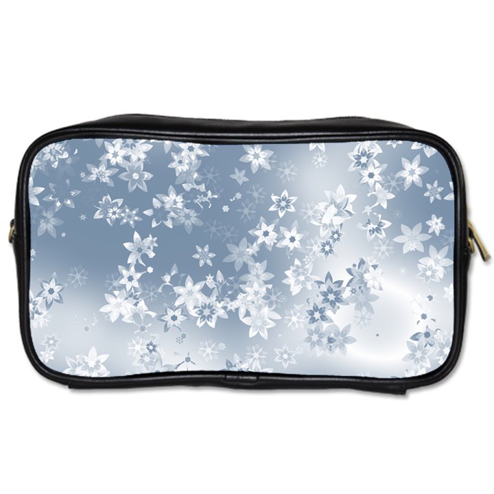 Faded Blue White Floral Print Toiletries Bag (Two Sides)