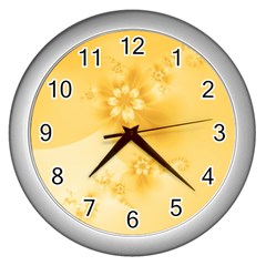 Saffron Yellow Floral Print Wall Clock (silver) by SpinnyChairDesigns