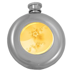 Saffron Yellow Floral Print Round Hip Flask (5 Oz) by SpinnyChairDesigns