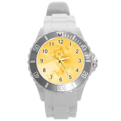 Saffron Yellow Floral Print Round Plastic Sport Watch (l) by SpinnyChairDesigns