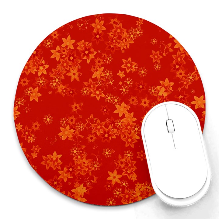 Orange Red Floral Print Round Mousepads