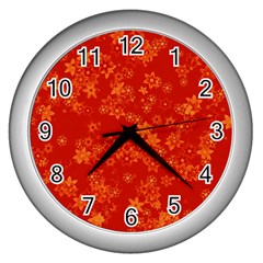 Orange Red Floral Print Wall Clock (silver) by SpinnyChairDesigns