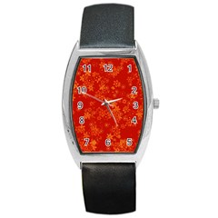 Orange Red Floral Print Barrel Style Metal Watch by SpinnyChairDesigns