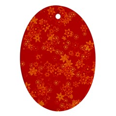 Orange Red Floral Print Oval Ornament (two Sides) by SpinnyChairDesigns