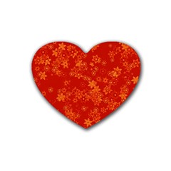 Orange Red Floral Print Rubber Coaster (heart)  by SpinnyChairDesigns