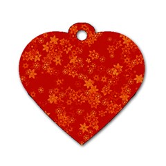 Orange Red Floral Print Dog Tag Heart (two Sides) by SpinnyChairDesigns