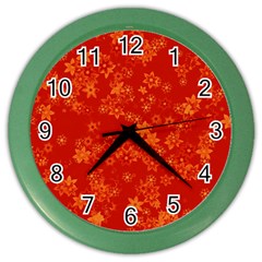 Orange Red Floral Print Color Wall Clock by SpinnyChairDesigns