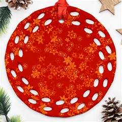 Orange Red Floral Print Ornament (round Filigree) by SpinnyChairDesigns