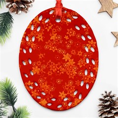 Orange Red Floral Print Oval Filigree Ornament (two Sides) by SpinnyChairDesigns