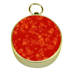 Orange Red Floral Print Gold Compasses by SpinnyChairDesigns