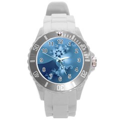 Steel Blue Flowers Round Plastic Sport Watch (l) by SpinnyChairDesigns