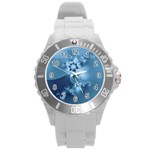 Steel Blue Flowers Round Plastic Sport Watch (L) Front