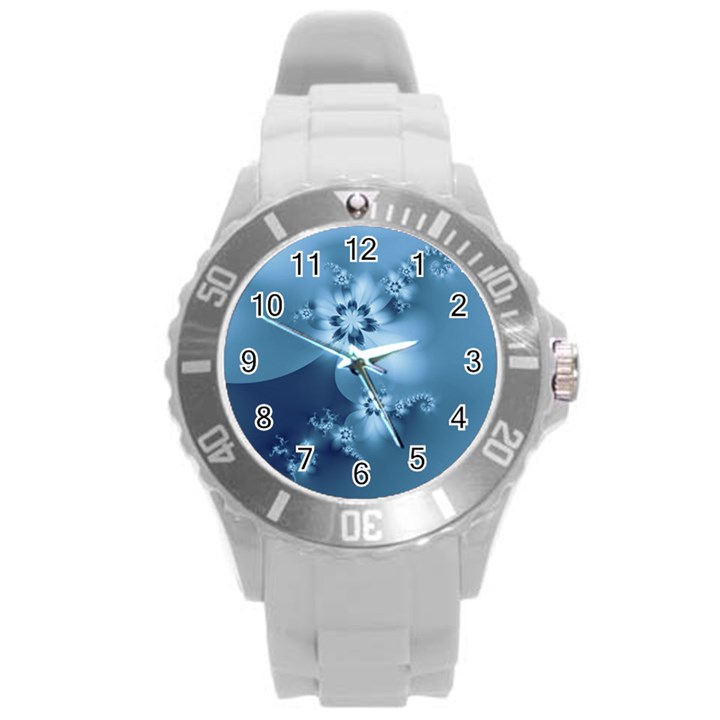 Steel Blue Flowers Round Plastic Sport Watch (L)