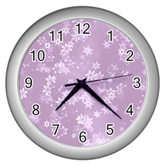 Lavender And White Flowers Wall Clock (silver) by SpinnyChairDesigns