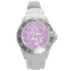 Lavender And White Flowers Round Plastic Sport Watch (l) by SpinnyChairDesigns