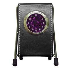 Purple Flowers Pen Holder Desk Clock