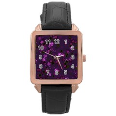 Purple Flowers Rose Gold Leather Watch 