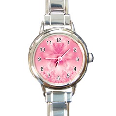 Pink Floral Pattern Round Italian Charm Watch by SpinnyChairDesigns