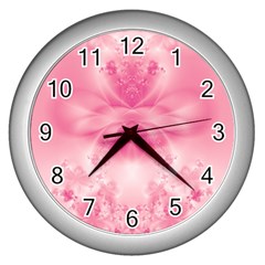 Pink Floral Pattern Wall Clock (silver) by SpinnyChairDesigns