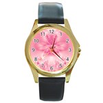 Pink Floral Pattern Round Gold Metal Watch Front