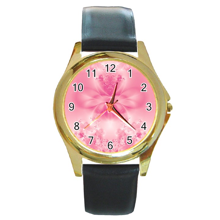 Pink Floral Pattern Round Gold Metal Watch