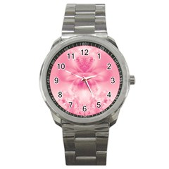 Pink Floral Pattern Sport Metal Watch by SpinnyChairDesigns