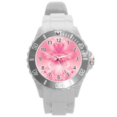 Pink Floral Pattern Round Plastic Sport Watch (l) by SpinnyChairDesigns