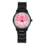 Pink Floral Pattern Stainless Steel Round Watch Front