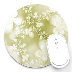 Olive Green With White Flowers Round Mousepads by SpinnyChairDesigns