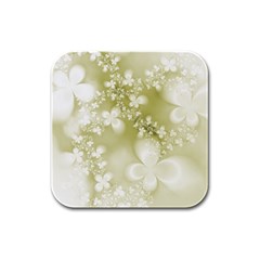 Olive Green With White Flowers Rubber Square Coaster (4 Pack)  by SpinnyChairDesigns